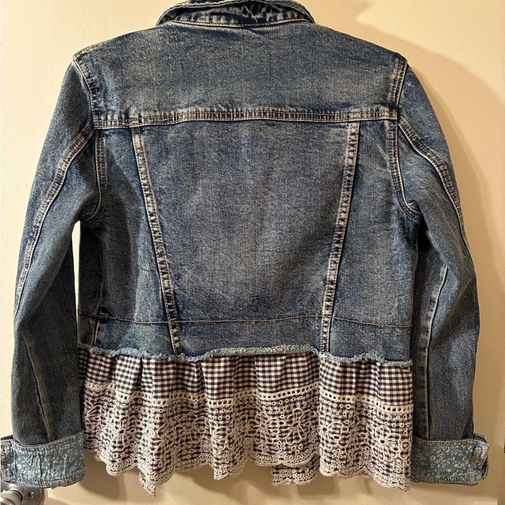Anthropologie Pilcro & the Letterpress Denim Jacket Gingham Embroidered Lace S - Picture 3 of 12